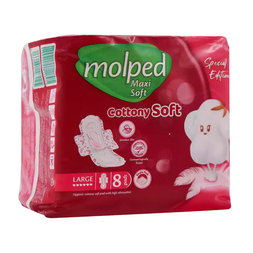 نوار بهداشتی مسافرتی نیمه ضخیم پنبه ای سایز بزرگ مولپد 8 عدد Molped Large Maxi Soft Cottony Soft 8 Pads