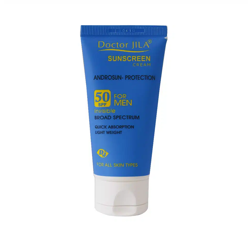 کرم ضد آفتاب بی رنگ SPF 50 آندروسان پروتکشن دکتر ژیلا مناسب آقایان 50 گرم Doctor Jila Androsun Protection Sunscreen Cream For Men 50 g