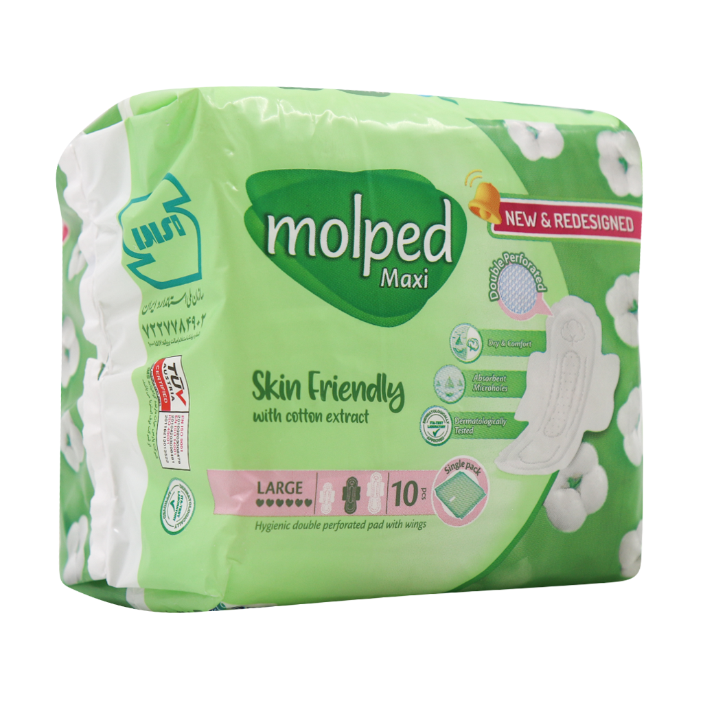 نوار بهداشتی بالدار نیمه ضخیم مشبک مولپد مدل Maxi سایز بزرگ 10 عدد Molped Maxi Hygienic Double Perforated Pad Size Large 10 Pcs
