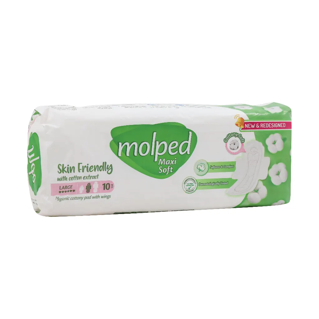 نوار بهداشتی بالدار ضخیم پنبه ای مولپد سایز بزرگ 10 عدد Molped Maxi Soft sanitary napkin Size Large 10 Pcs