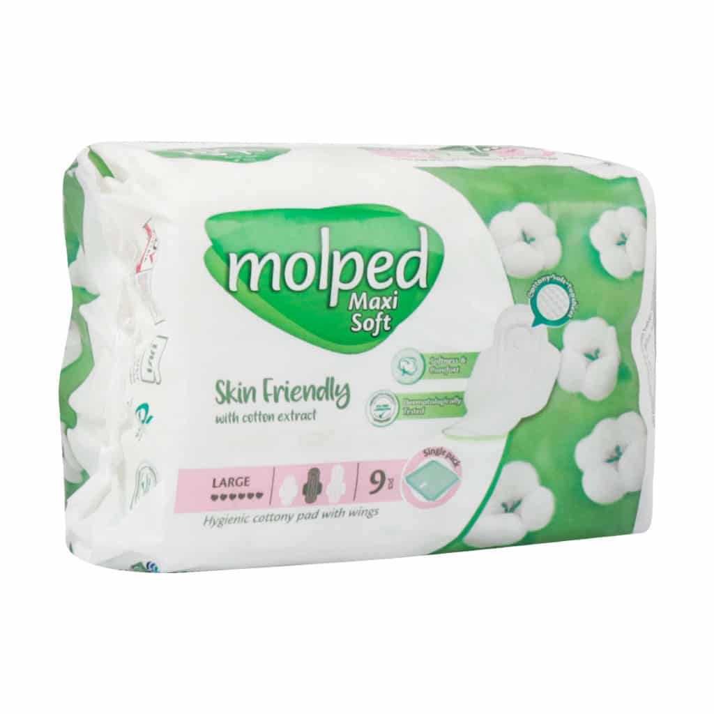 نوار بهداشتی بالدار نیمه ضخیم پنبه ای مولپد سایز بزرگ 9 عدد Molped Maxi Soft With Cotton Extract 9 Pcs