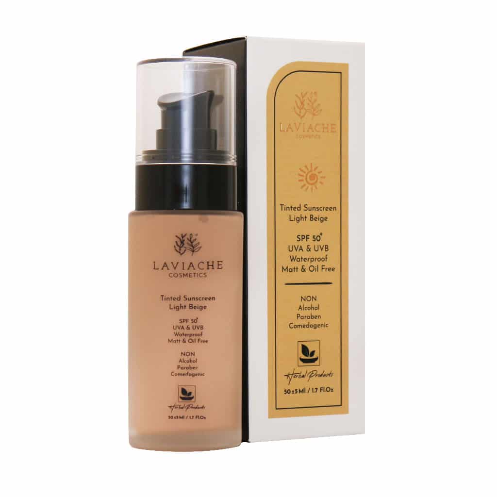ضد آفتاب رنگی مات فاقد چربی +spf 50 ضد لک، روشن کننده و ضد آب مناسب انواع پوست بژ سولاریوم لاویاچه