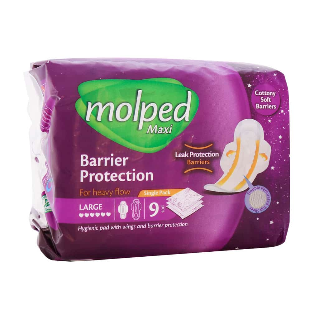 نوار بهداشتی بالدار مدل نیمه ضخیم ویژه مشبک مولپد سایز بزرگ 9 عدد Molped Large Barrier Protection Maxi 9 Pads