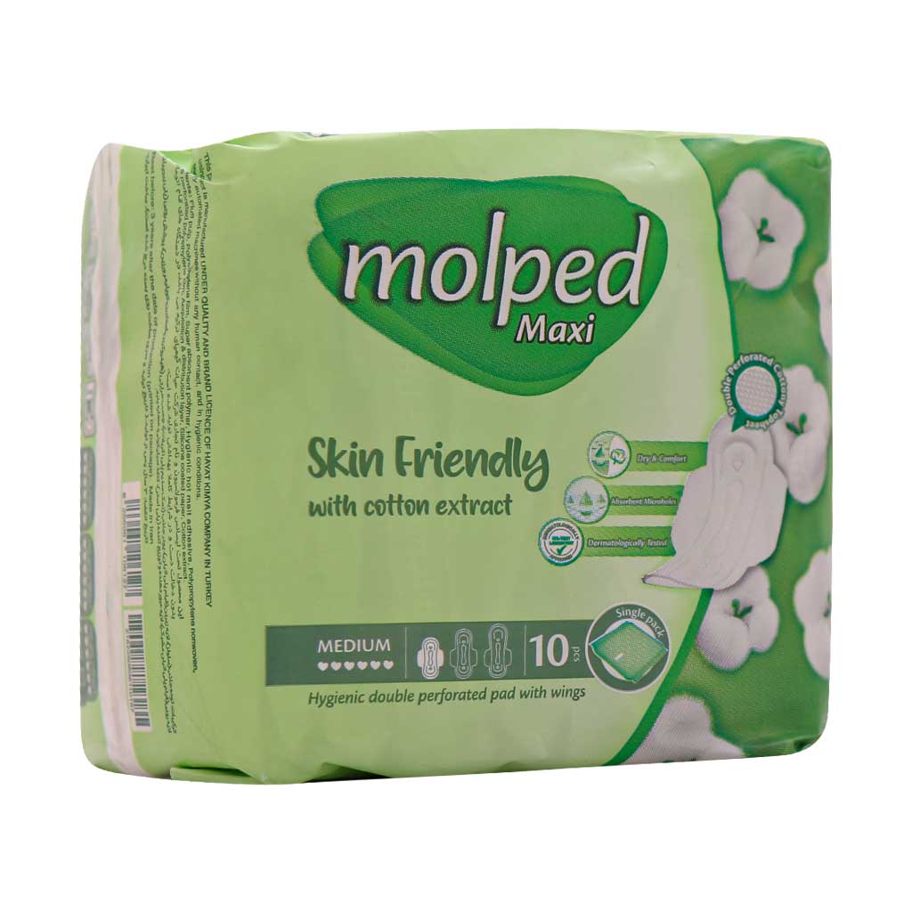 نوار بهداشتی بالدار نیمه ضخیم مشبک مولپد مدل Maxi سایز متوسط 10 عدد Molped Maxi Hygienic Double Perforated Pad Size Medium 10 Pcs